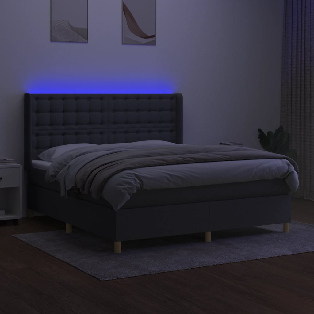 vidaXL Box spring postelja z vzmetnico LED temno siva 180x200 cm blago