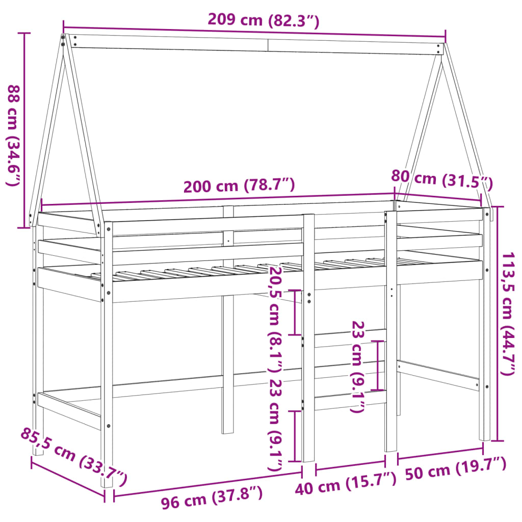 vidaXL Posteljni okvir z lestvijo in streho bel 80x200 cm borovina