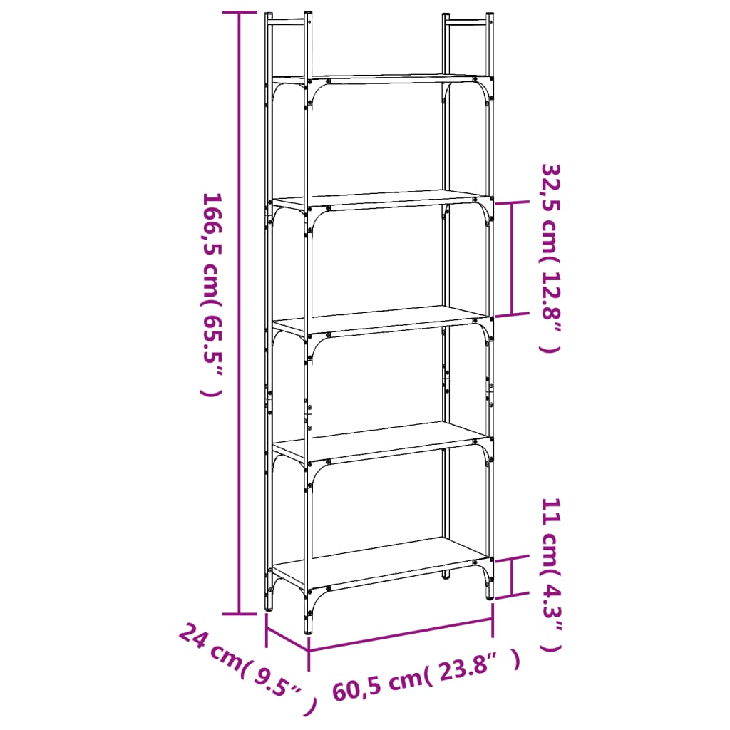 vidaXL Knjižna polica 5-nadstropna sonoma hrast 60,5x24x166,5 cm