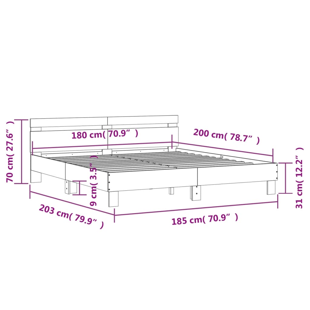 vidaXL Posteljni okvir z vzglavjem in LED siva sonoma 180x200 cm