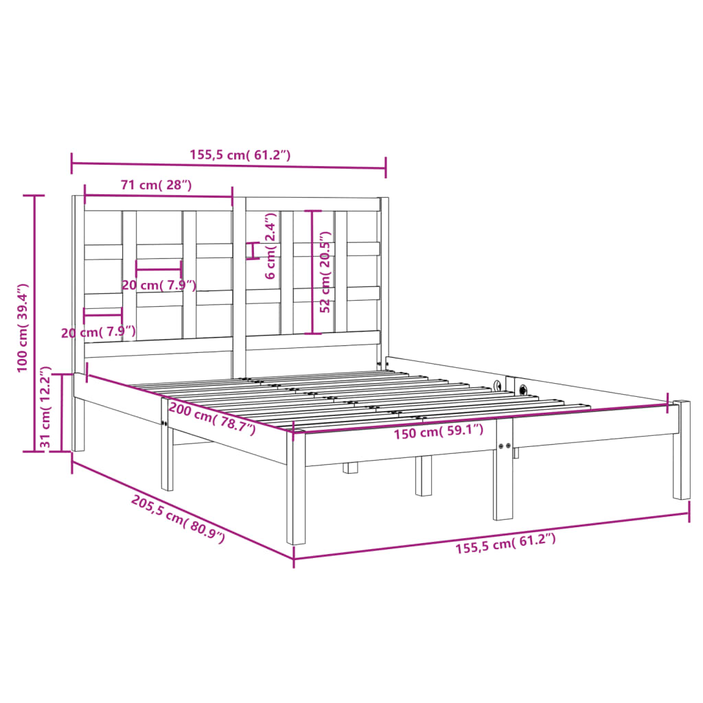 vidaXL Posteljni okvir bel iz trdnega lesa 150x200 cm