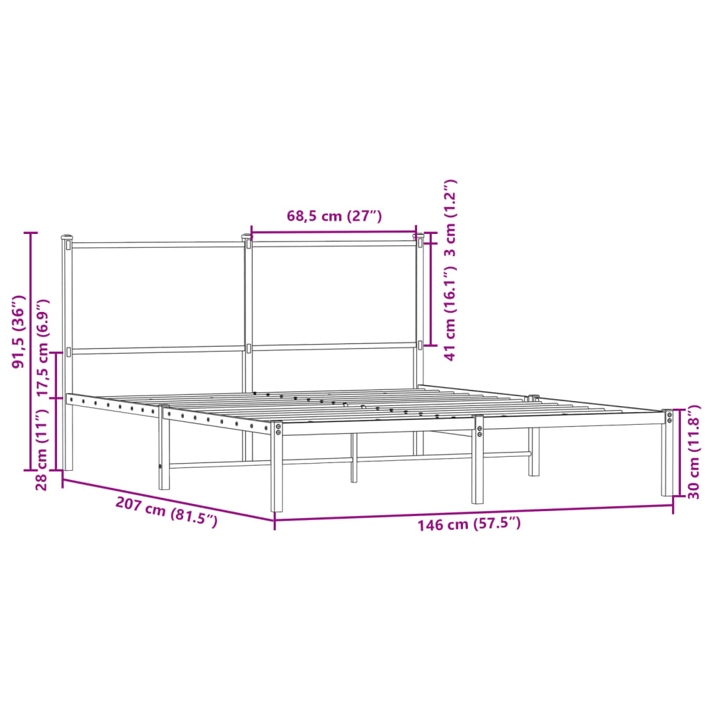 vidaXL Kovinski posteljni okvir brez vzmetnice rjavi hrast 140x200 cm