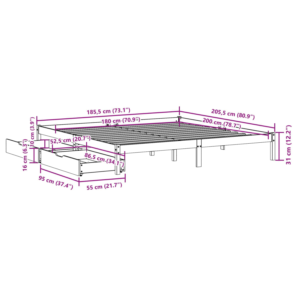 vidaXL Posteljni okvir brez vzmetnice bel 180x200 cm trdna borovina