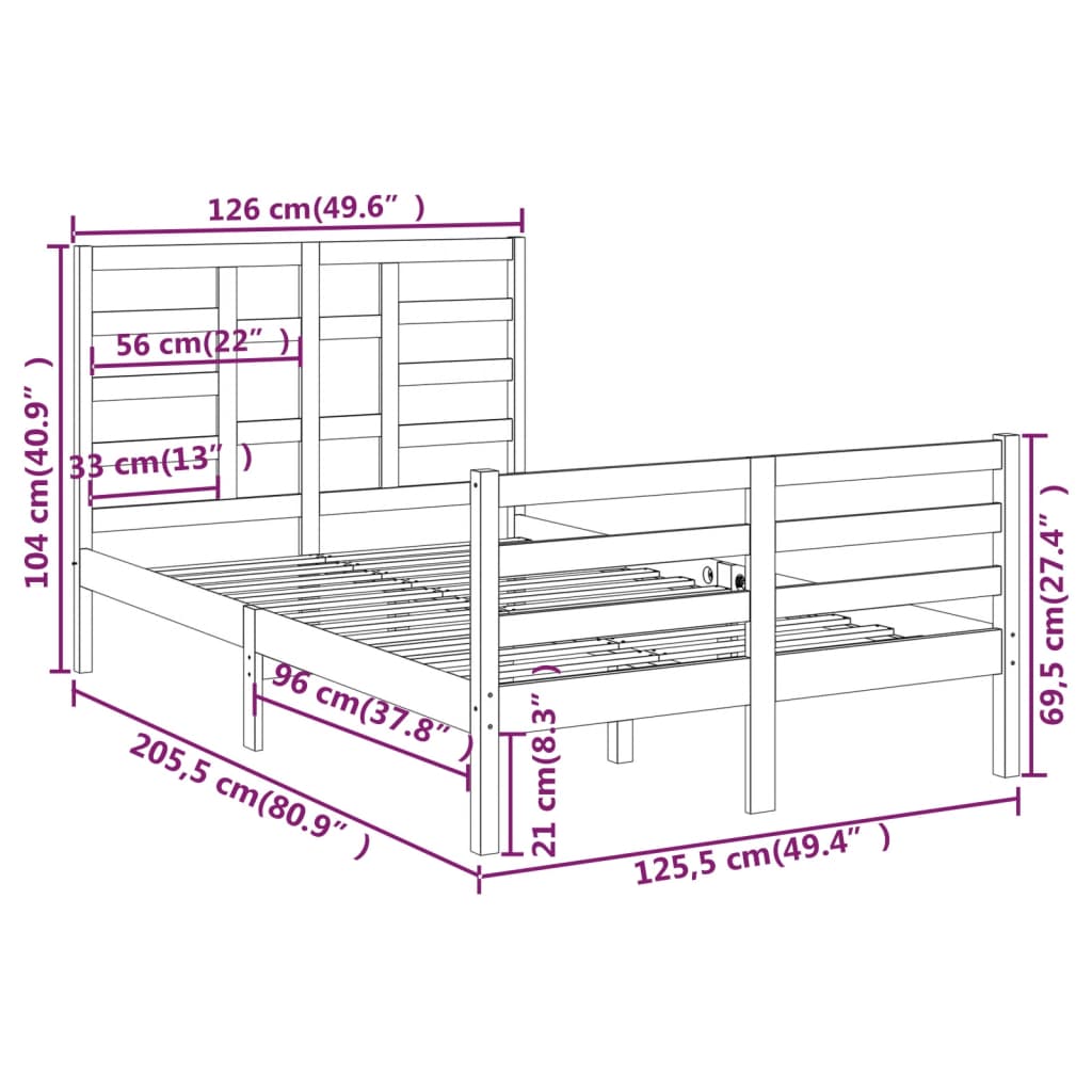 vidaXL Posteljni okvir črn iz trdnega lesa 120x200 cm