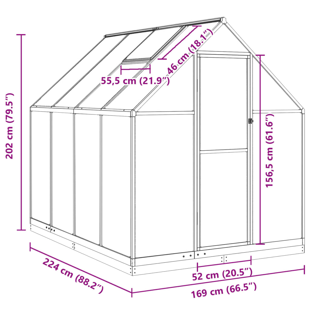 vidaXL Rastlinjak z okvirjem srebrn 224x169x202 cm aluminij