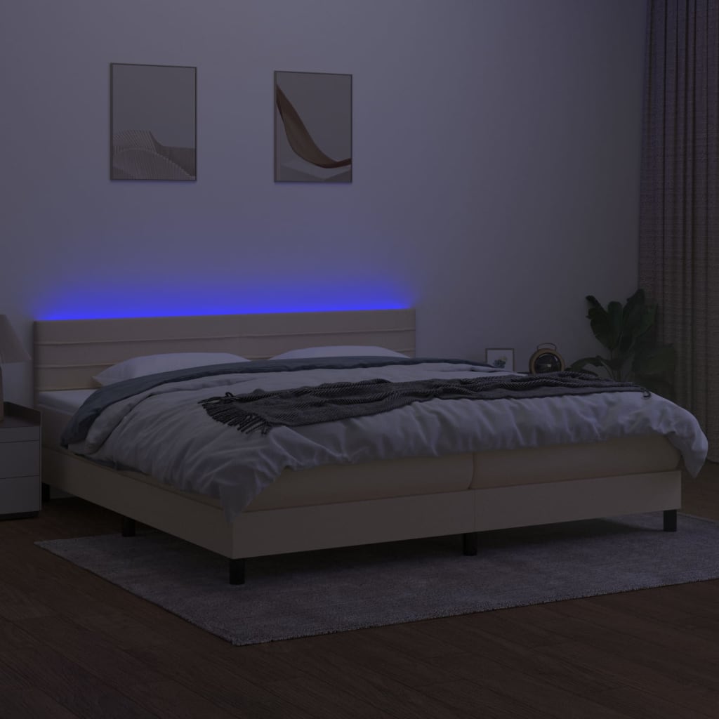 vidaXL Box spring postelja z vzmetnico LED krem 200x200 cm blago