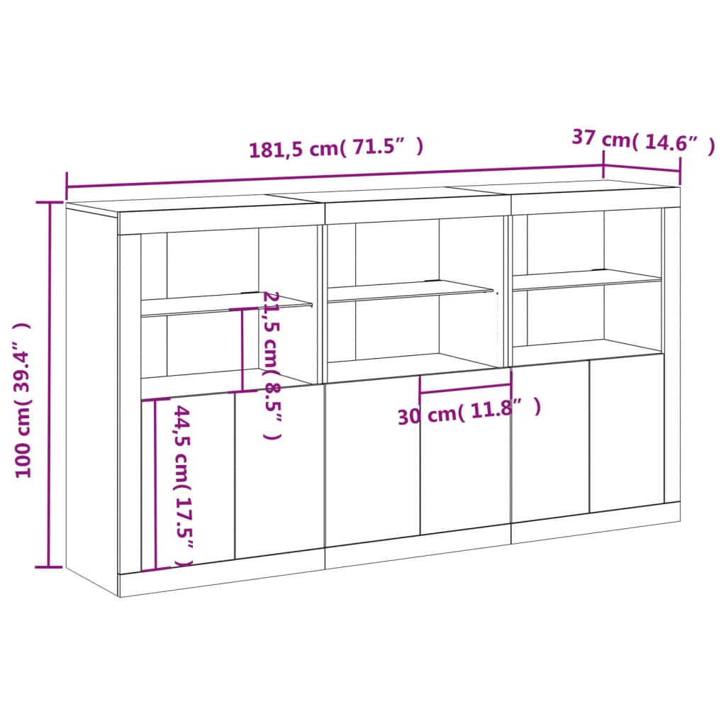 vidaXL Komoda z LED lučkami bela 181,5x37x100 cm