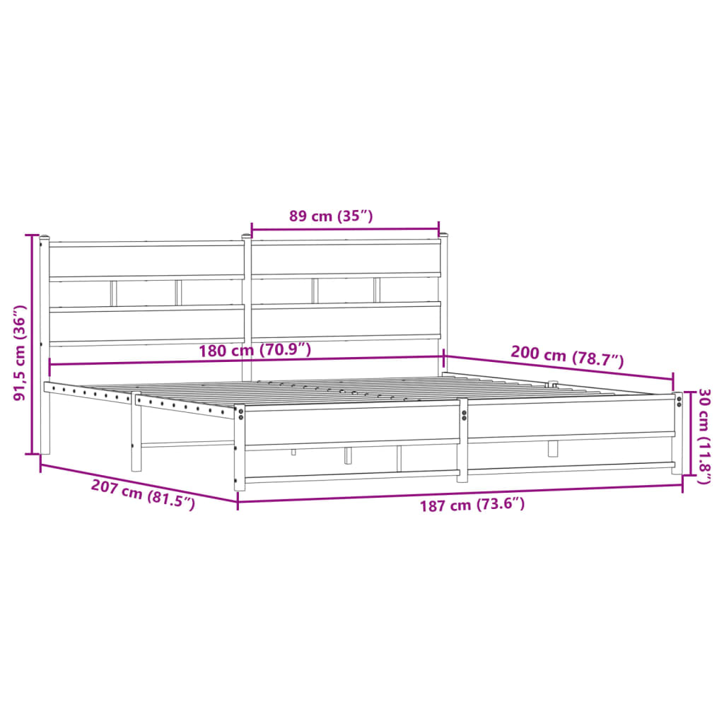 vidaXL Kovinski posteljni okvir brez vzmetnice dimljen hrast 180x200cm