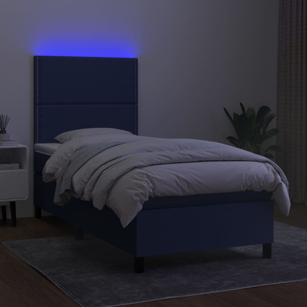 vidaXL Box spring postelja z vzmetnico LED modra 100x200 cm blago