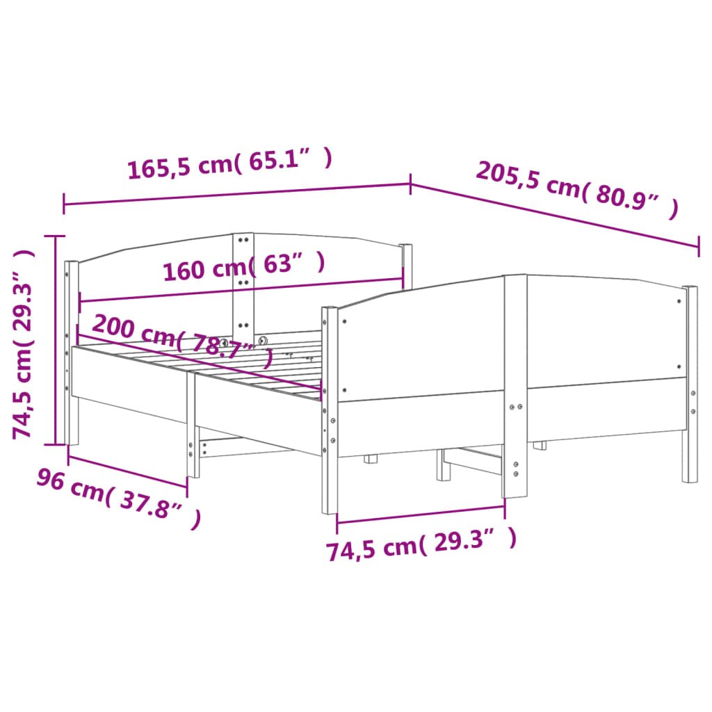 vidaXL Posteljni okvir brez vzmetnice 160x200 cm trdna borovina