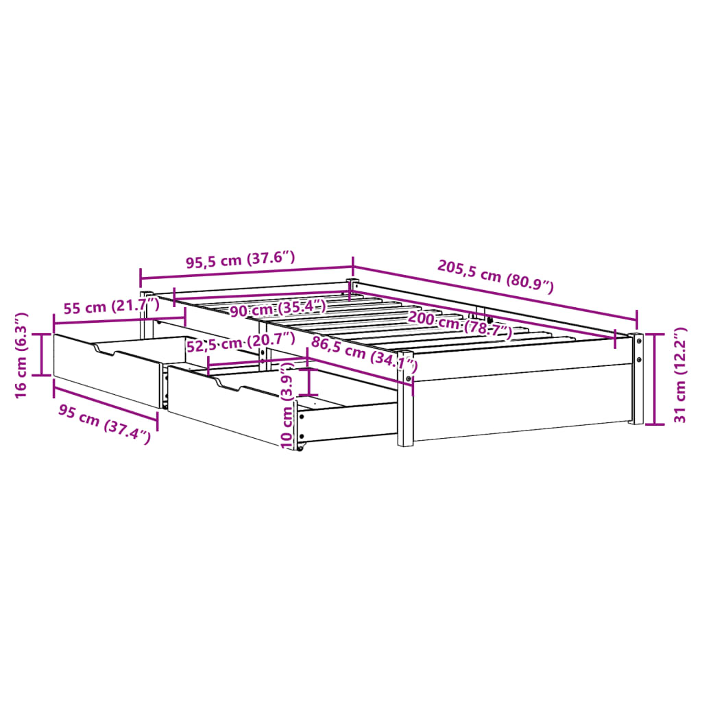 vidaXL Posteljni okvir brez vzmetnice bel 90x200 cm trdna borovina