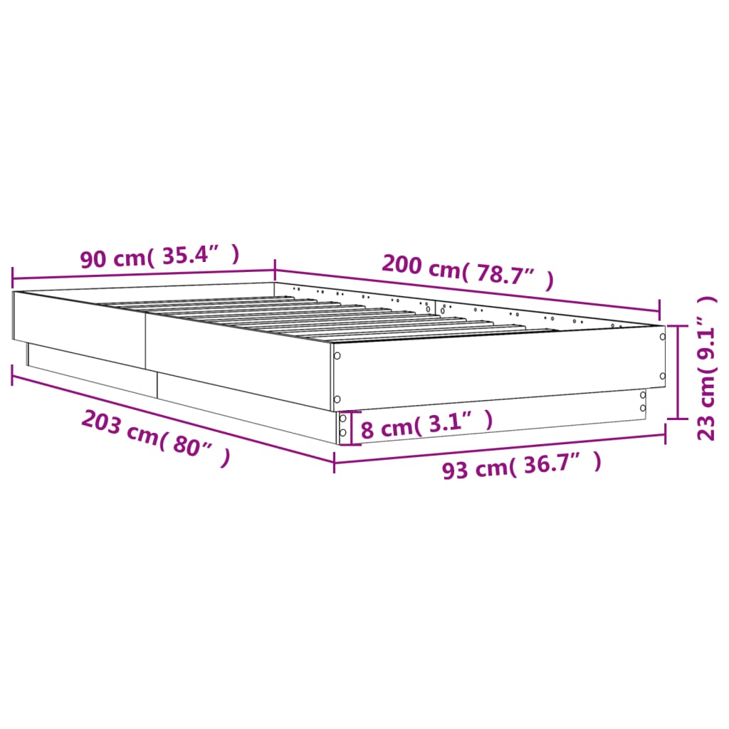 vidaXL Posteljni okvir z LED lučkami betonsko siv 90x200 cm