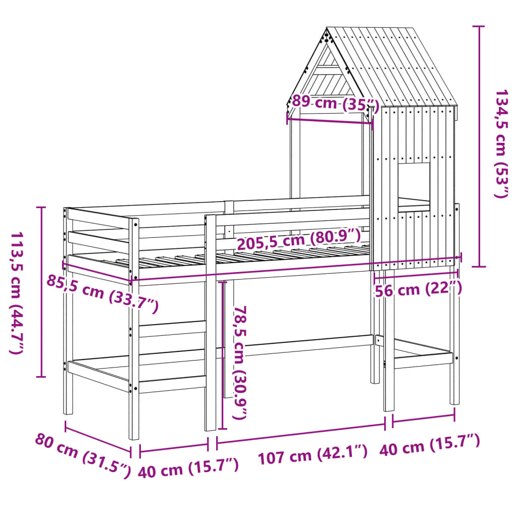 vidaXL Posteljni okvir z lestvijo in streho 80x200 cm borovina