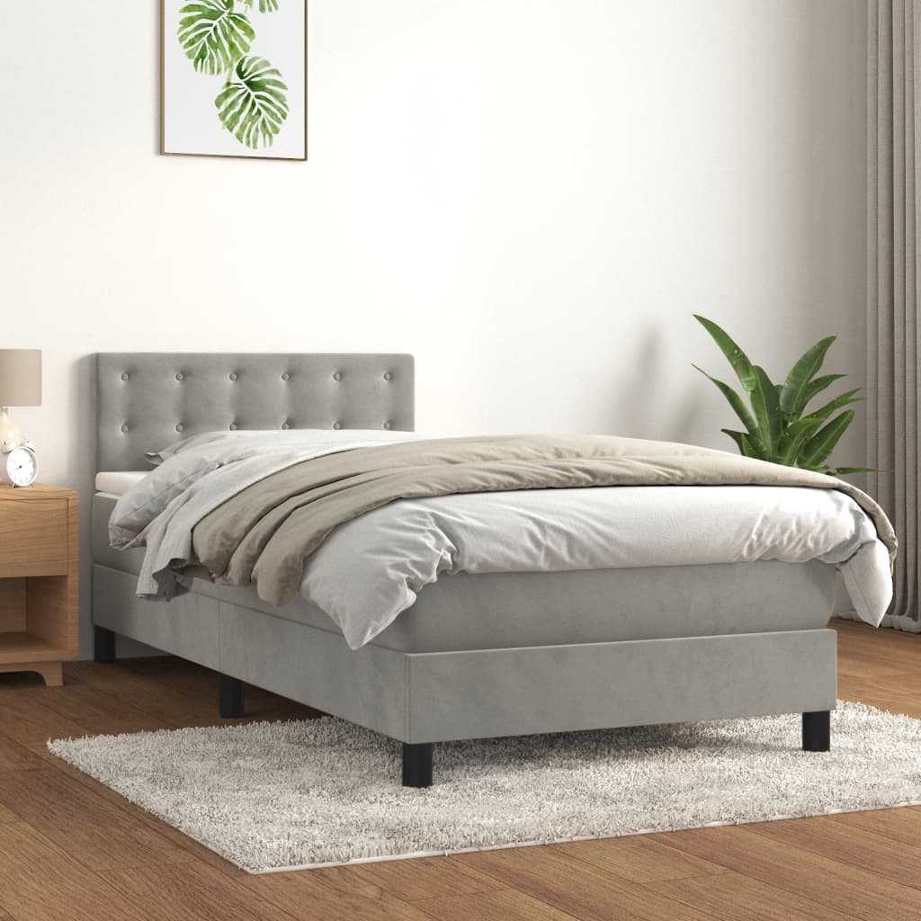 vidaXL Box spring postelja z vzmetnico svetlo siva 90x200 cm žamet