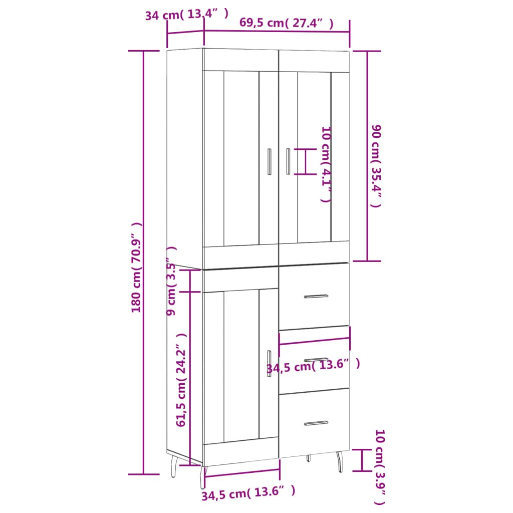 vidaXL Visoka komoda visok sijaj bela 69,5x34x180 cm inženirski les