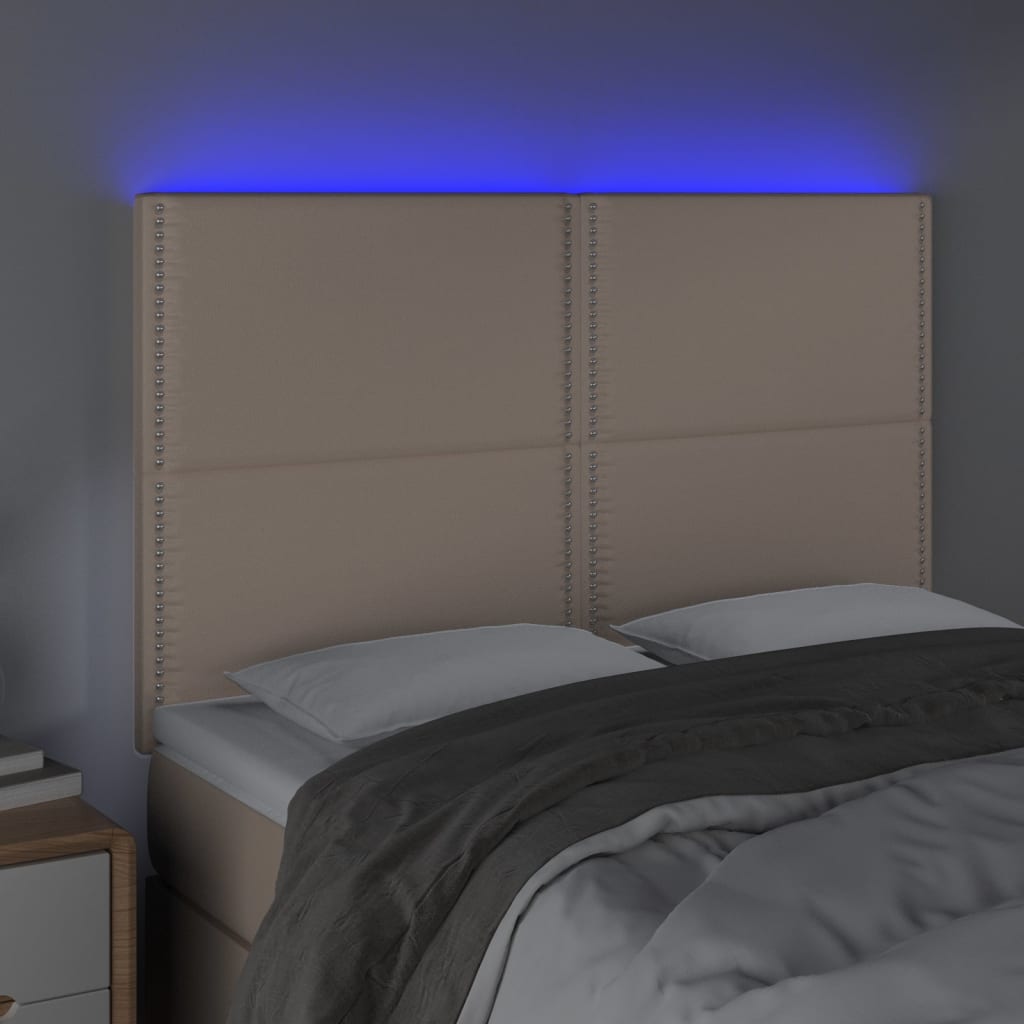 vidaXL LED posteljno vzglavje kapučino 144x5x118/128 cm umetno usnje