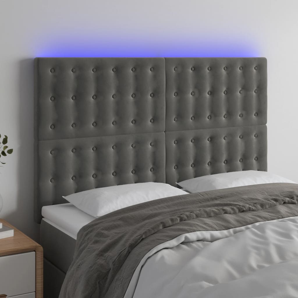 vidaXL LED posteljno vzglavje temno sivo 144x5x118/128 cm žamet