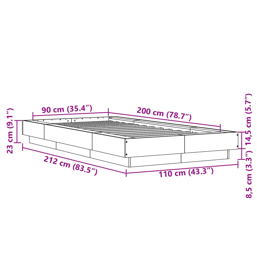 vidaXL Posteljni okvir z LED lučkami siva sonoma 90x200 cm inž. les