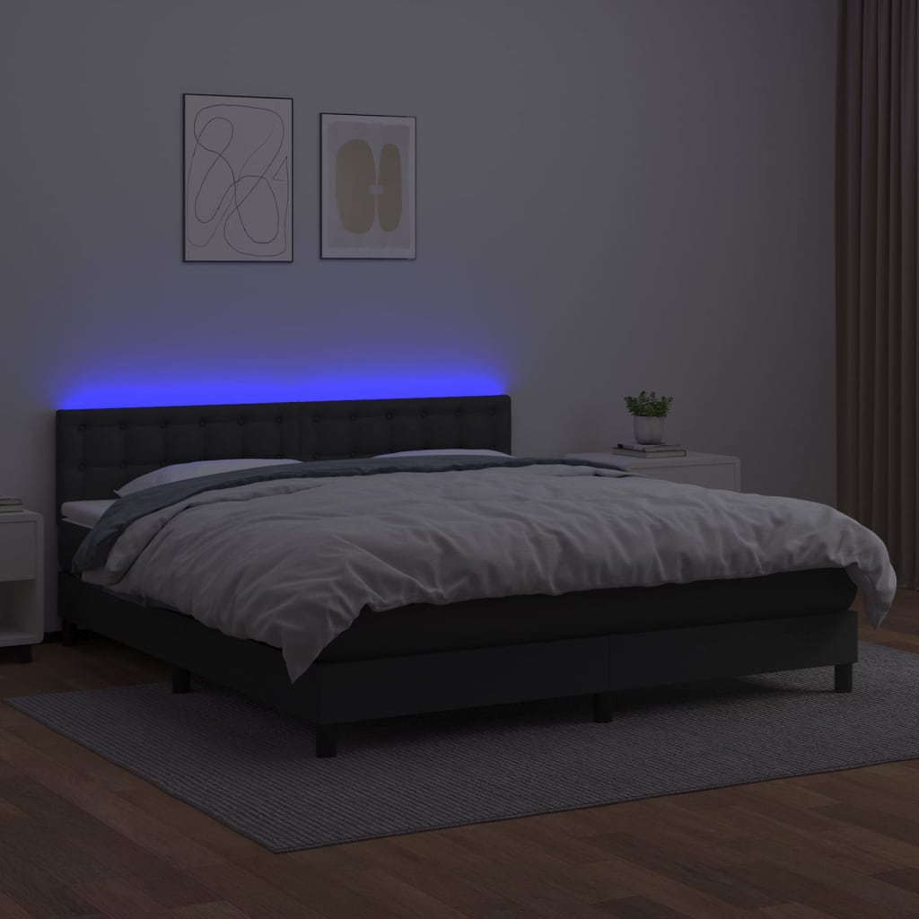 vidaXL Box spring postelja z vzmetnico LED črna 180x200 cm um. usnje