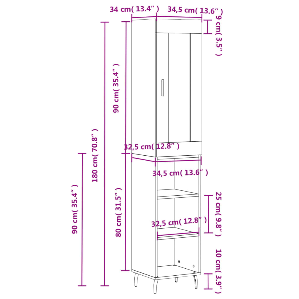 vidaXL Visoka omara bela 34,5x34x180 cm inženirski les