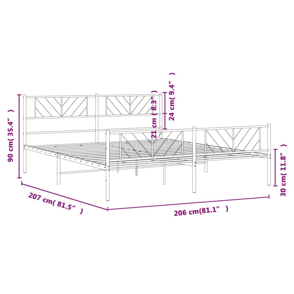 vidaXL Kovinski posteljni okvir z vzglavjem in vznožjem črn 200x200 cm