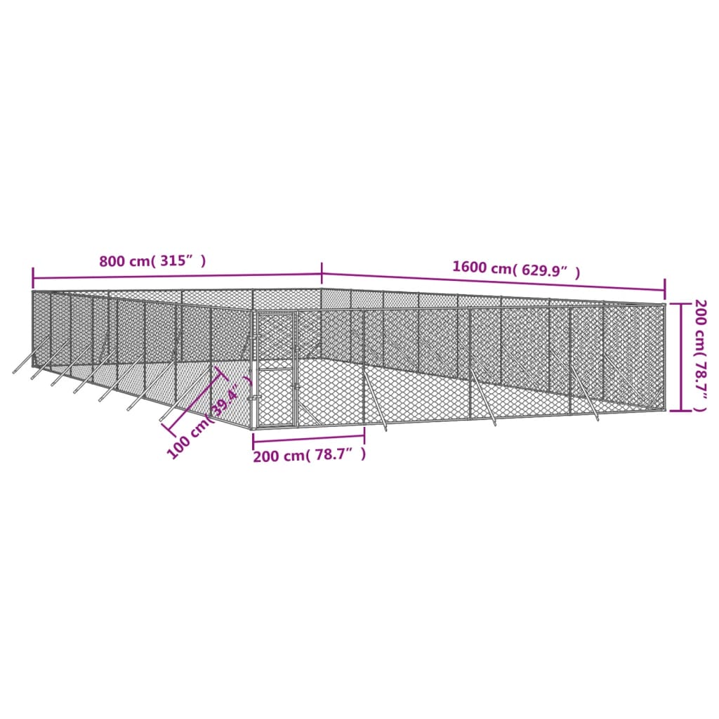 vidaXL Zunanja pasja ograda srebrna 8x16x2 m pocinkano jeklo