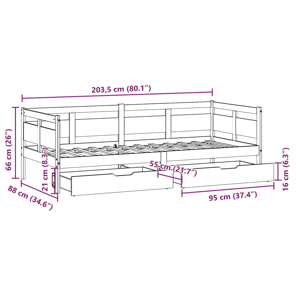 vidaXL Dnevna postelja s predali bela 80x200cm trdna borovina