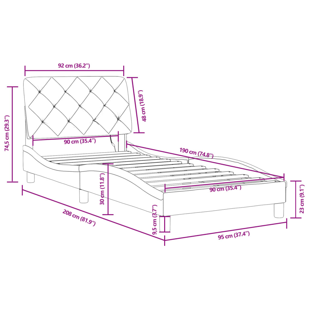 vidaXL Posteljni okvir z LED lučkami temno siv 90x190 cm žamet