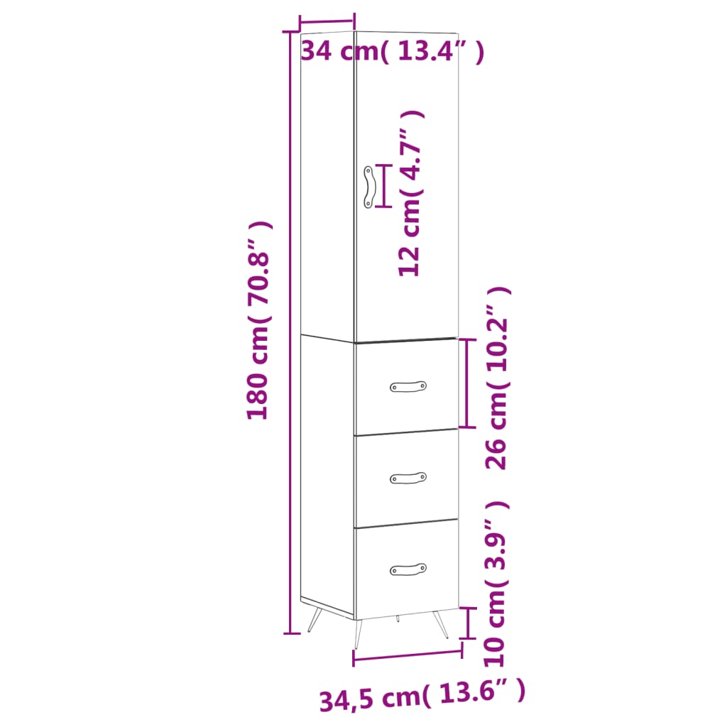 vidaXL Visoka omara črna 34,5x34x180 cm inženirski les