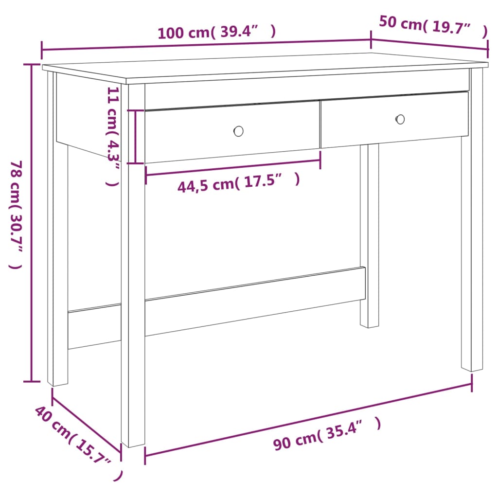 vidaXL Pisalna miza s predali siva 100x50x78 cm trdna borovina