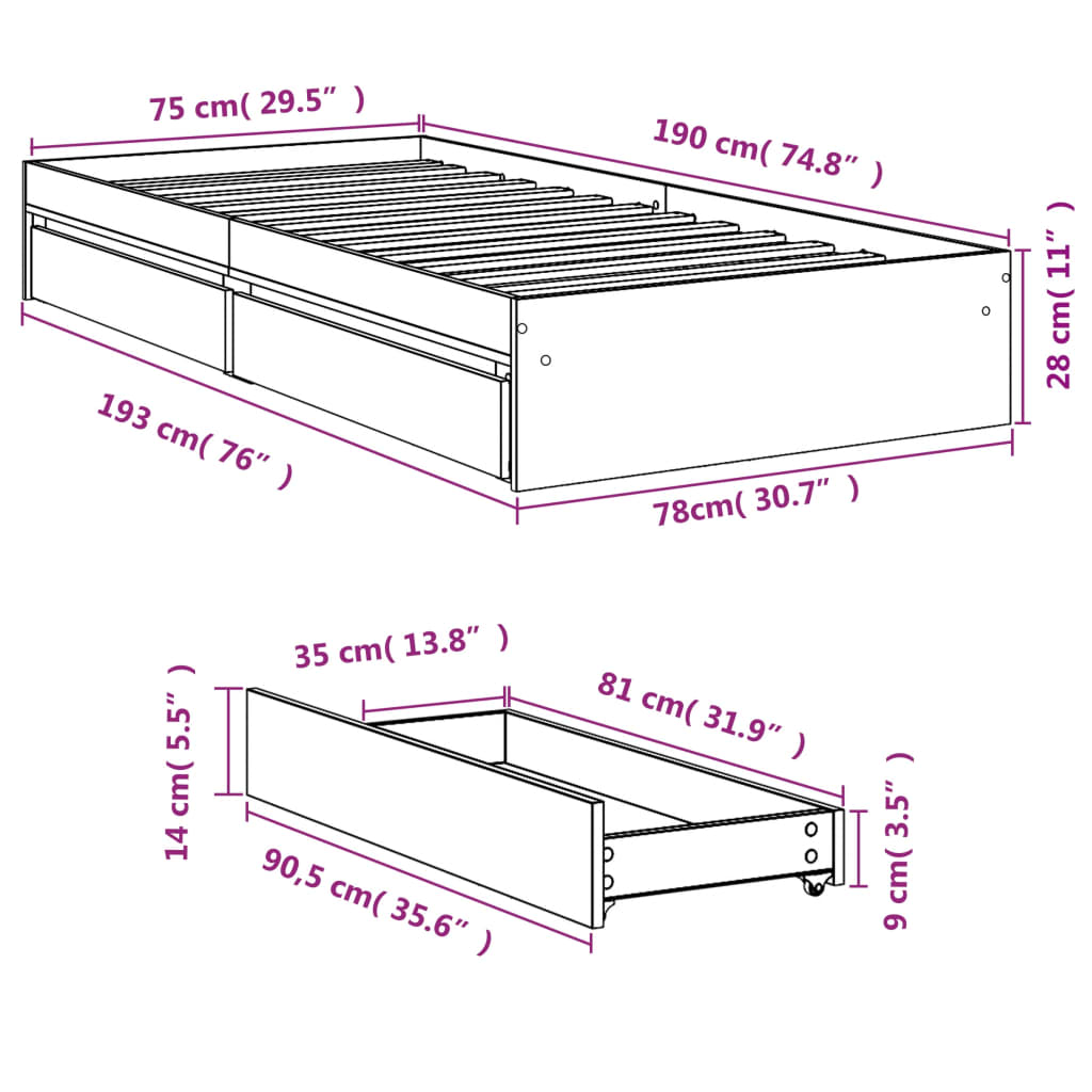 vidaXL Posteljni okvir s predali siva sonoma 75x190 cm inženirski les