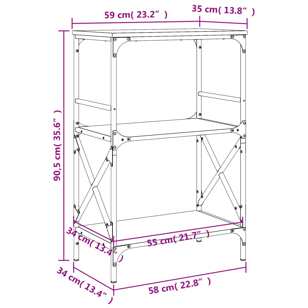 vidaXL Knjižna omara 3-nadstropna rjavi hrast 59x35x90,5 cm inž. les