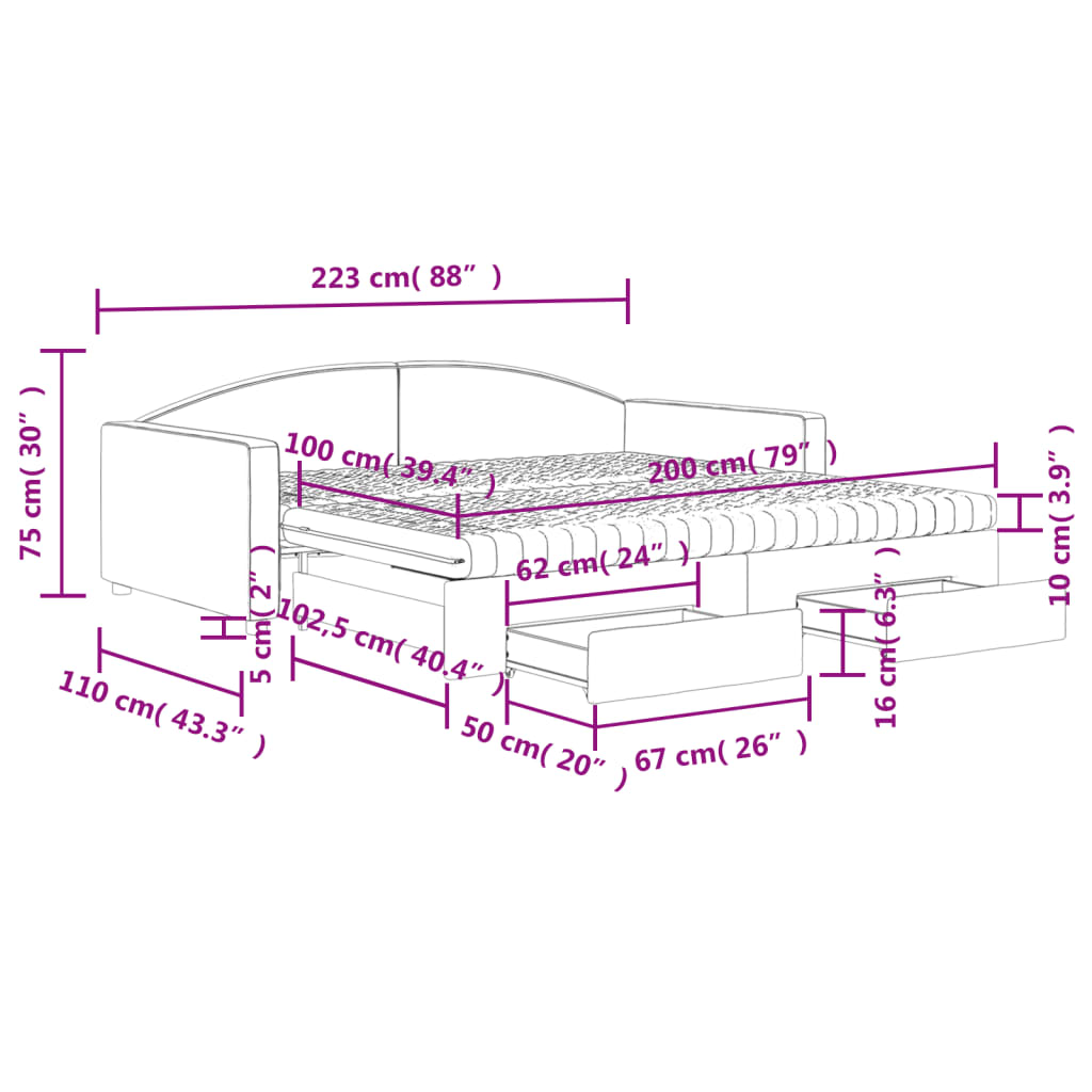 vidaXL Izvlečna dnevna postelja s predali svetlo siva 100x200 cm blago