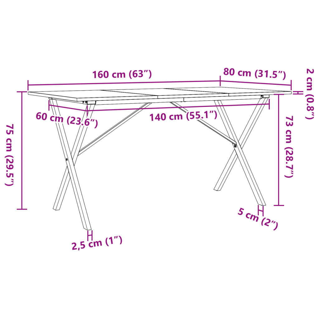 vidaXL Jedilna miza X okvir 160x80x75 cm trdna borovina lito železo