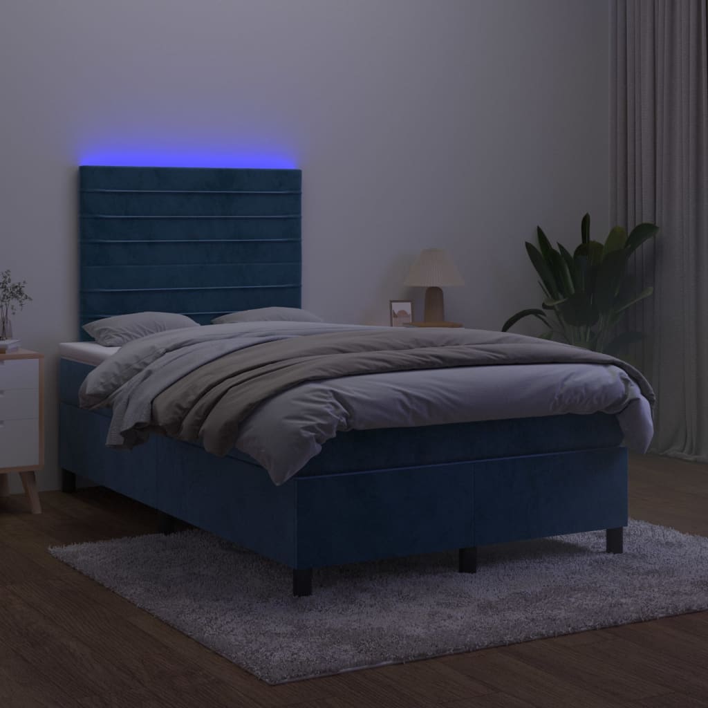 vidaXL Box spring postelja z vzmetnico LED temno modra 120x200cm žamet