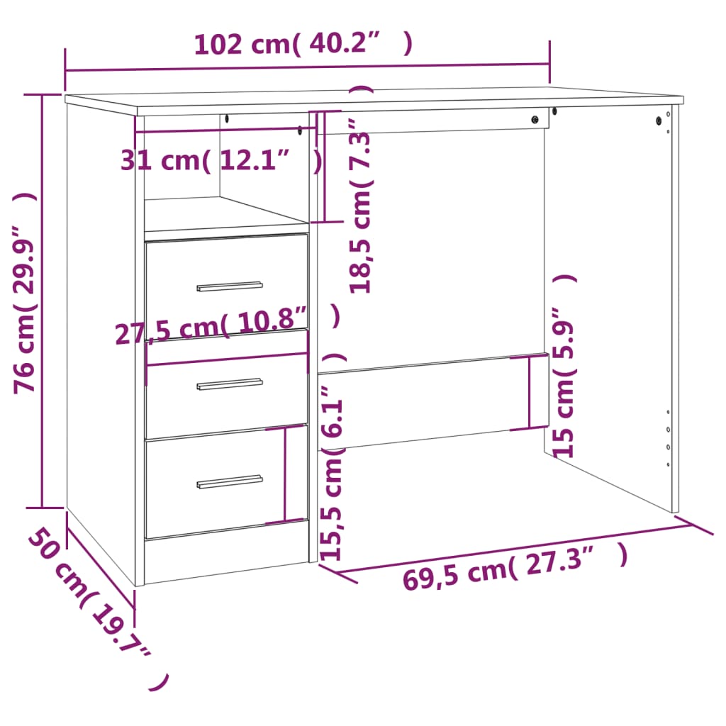 vidaXL Pisalna miza s predali črna 102x50x76 cm inženirski les