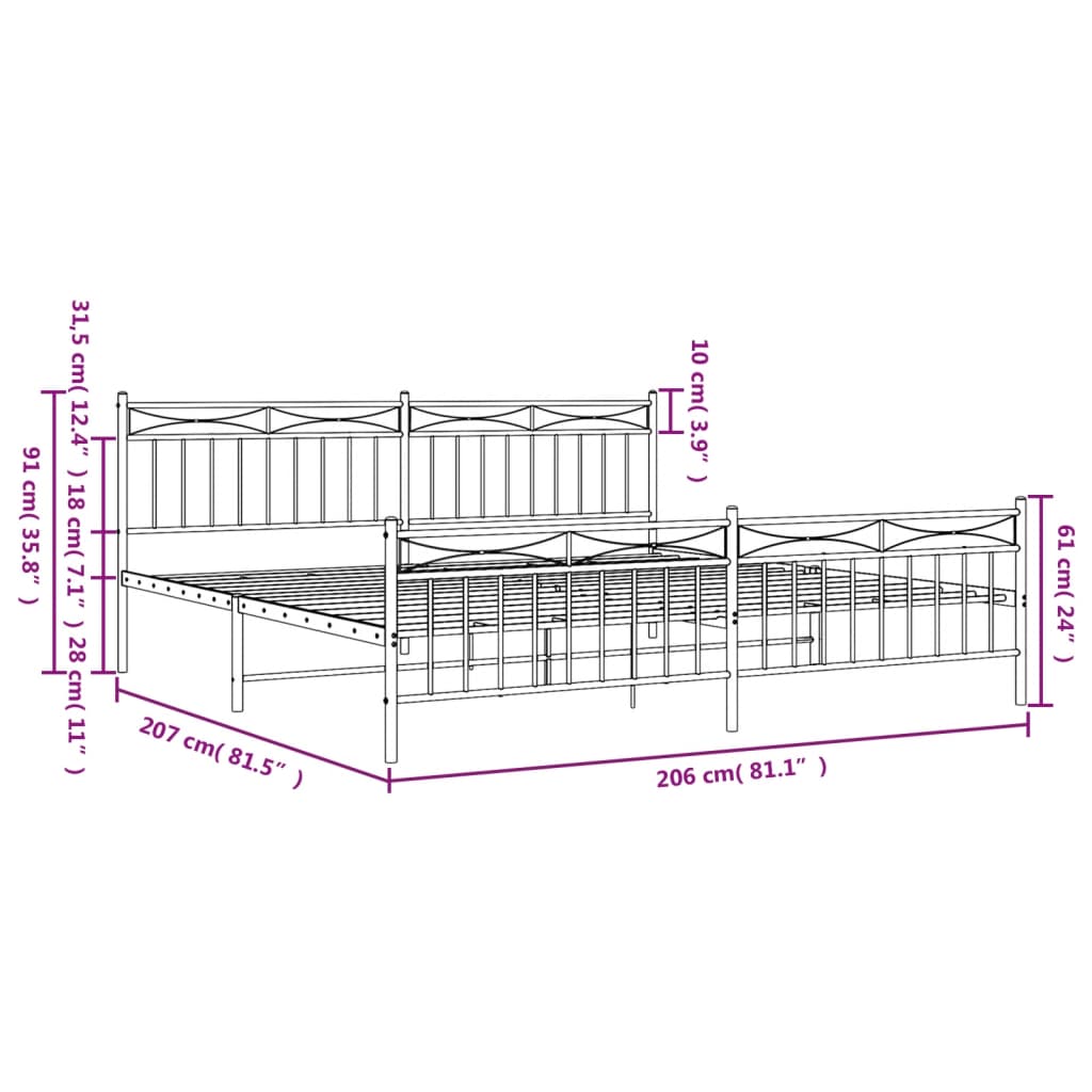 vidaXL Kovinski posteljni okvir z vzglavjem in vznožjem črn 200x200 cm