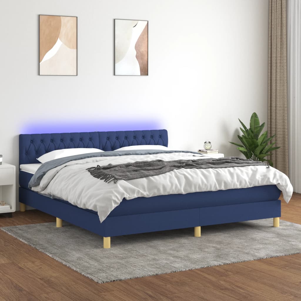 vidaXL Box spring postelja z vzmetnico LED modra 160x200 cm blago