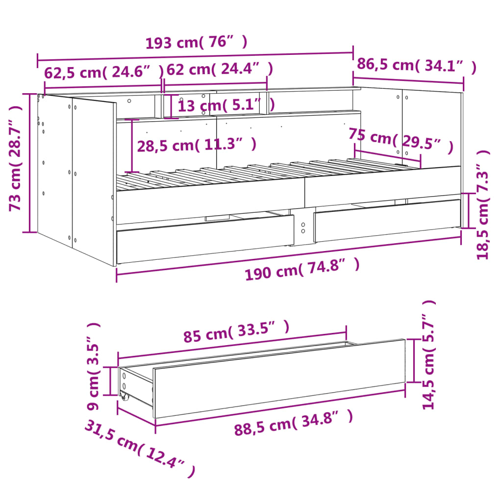 vidaXL Dnevna postelja s predali brez vzmetnice sonoma hrast 75x190 cm