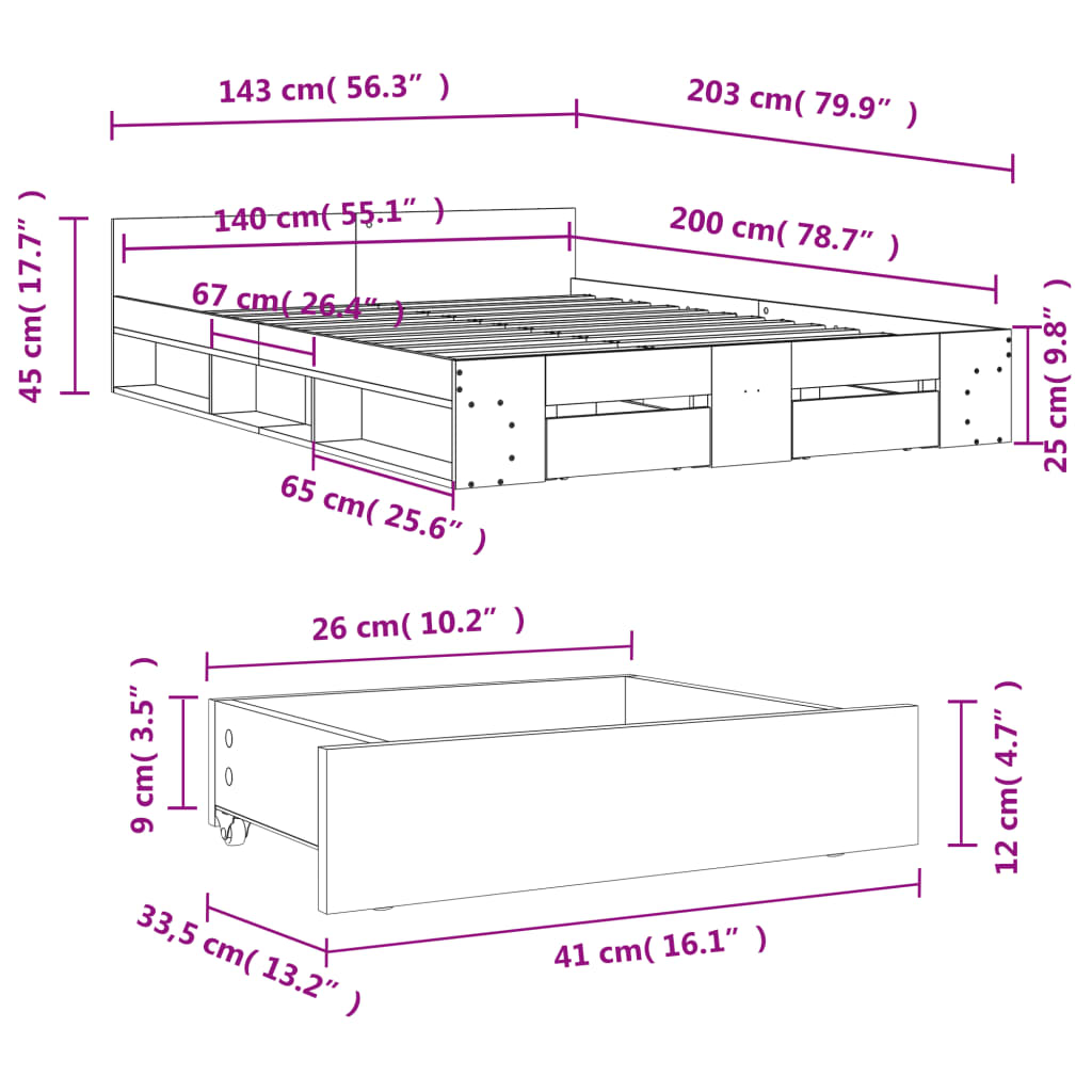 vidaXL Posteljni okvir s predali dimljen hrast 140x200 cm inž. les