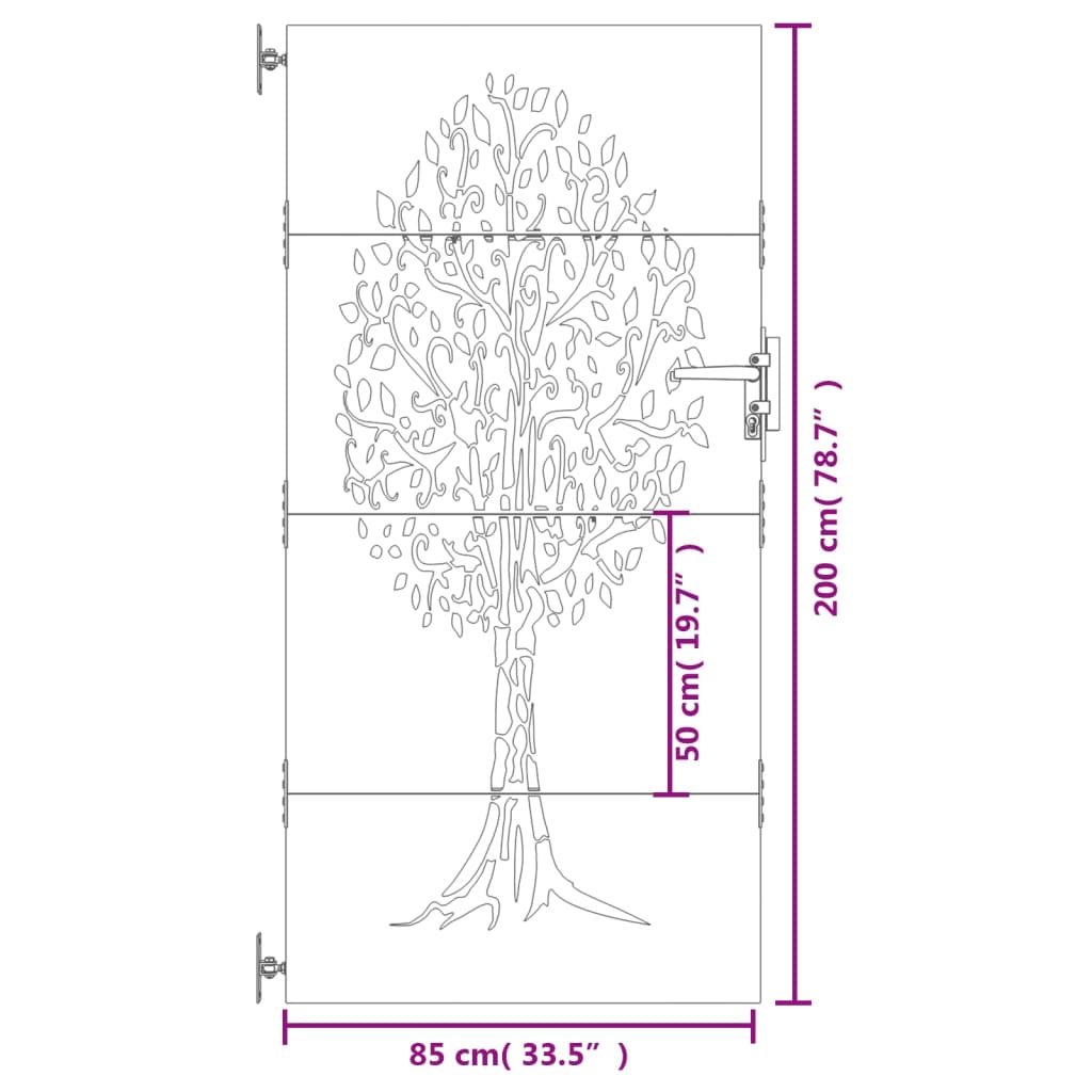 vidaXL Vrtna vrata 85x200 cm corten jeklo dizajn drevesa