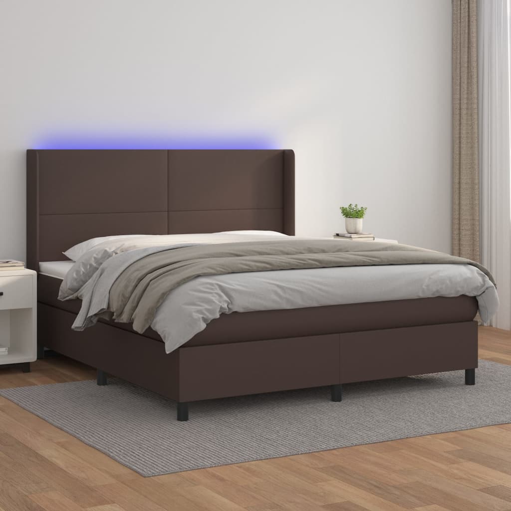 vidaXL Box spring postelja z vzmetnico LED rjava 160x200 cm um. Usnje