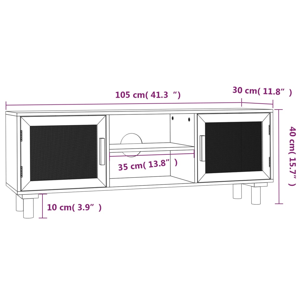 vidaXL TV omarica bela 105x30x40 cm trdna borovina in naravni ratan