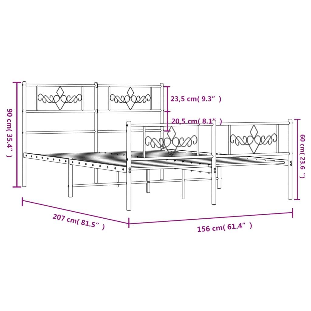 vidaXL Kovinski posteljni okvir z vzglavjem in vznožjem bel 150x200 cm