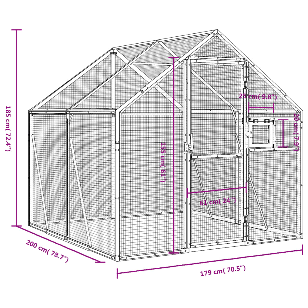 vidaXL Ptičnica srebrna 1,79x2x1,85 m aluminij