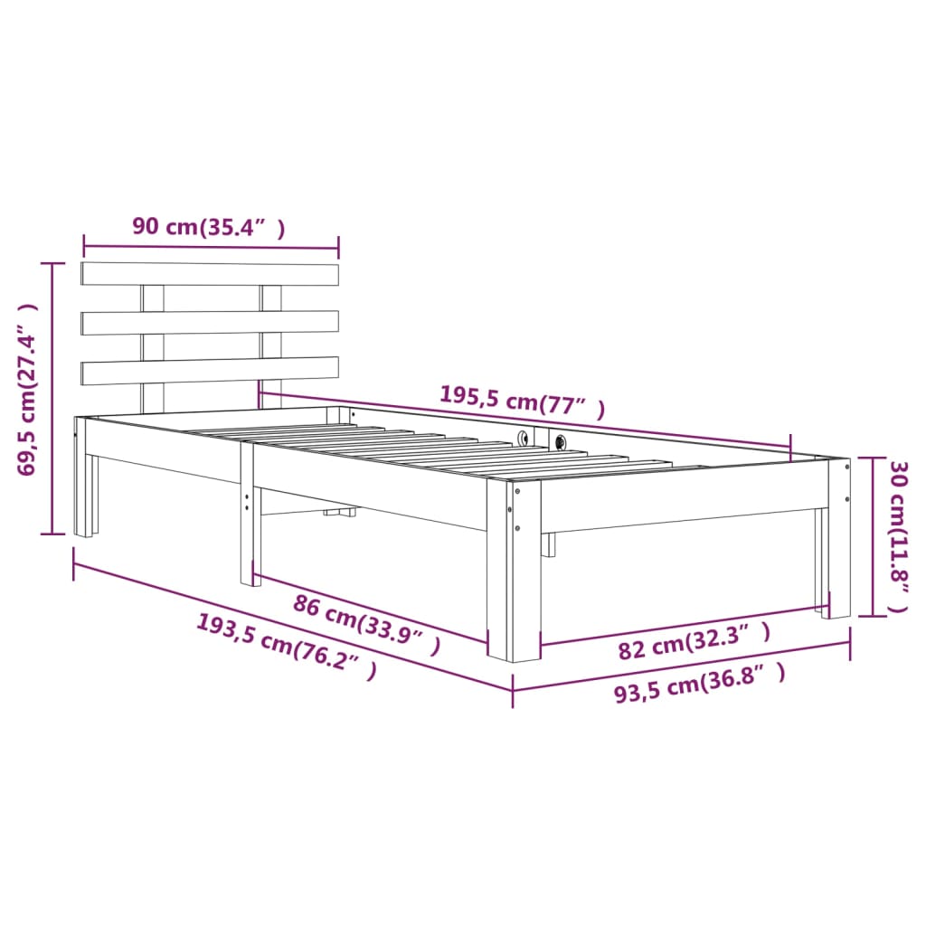 vidaXL Posteljni okvir črn iz trdnega lesa 90x190 cm