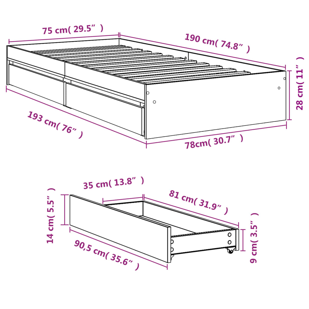 vidaXL Posteljni okvir s predali sonoma hrast 75x190 cm inženirski les