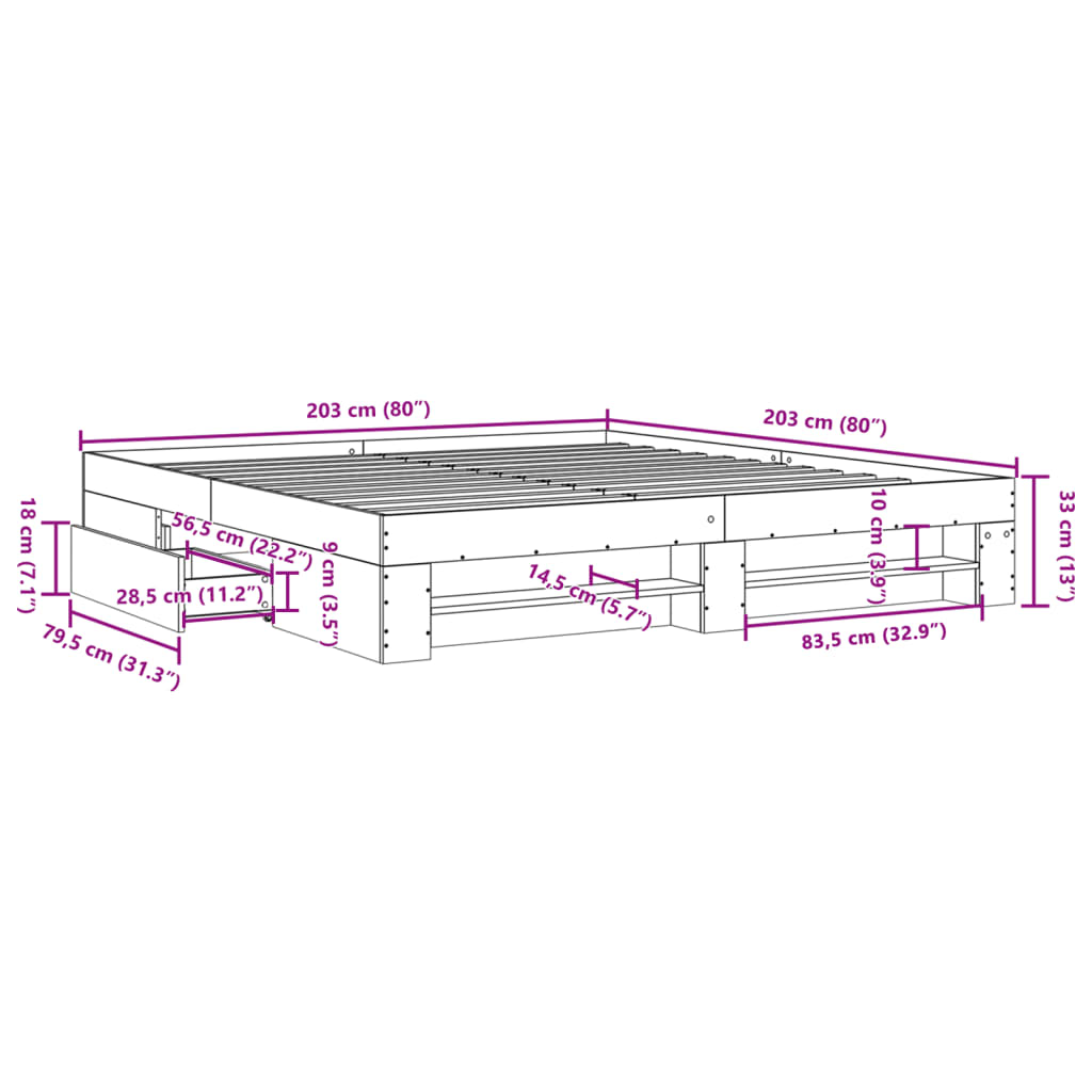 vidaXL Posteljni okvir betonsko siv 200x200 cm inženirski les