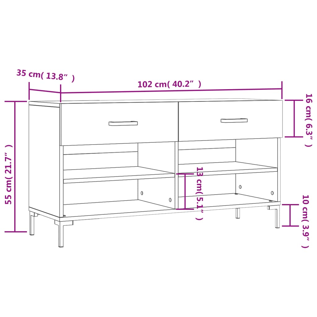 vidaXL Regal za čevlje visok sijaj bel 102x35x55 cm inženirski les