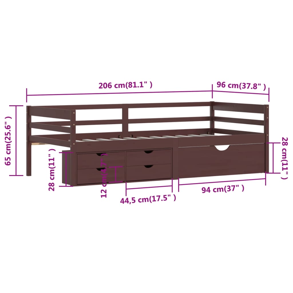 vidaXL Posteljni okvir s predali in omaro temno rjav 90x200 cm